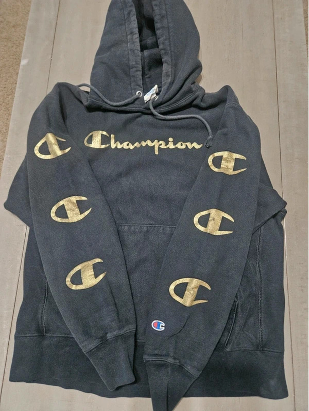 Champion Hoodie Mens Large Black Reverse Weave Pullover Sweatshirt Drawstring